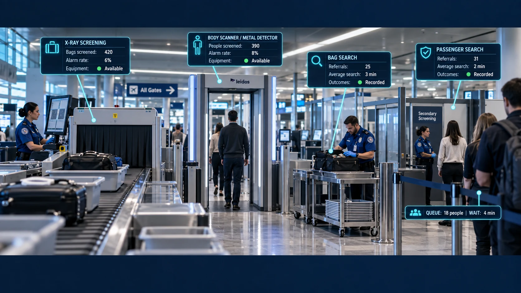 Illustrative airport security checkpoint with operational status overlays