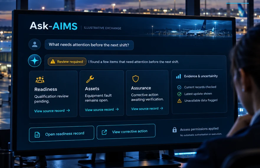 Illustrative Ask-AIMS exchange showing a shift-readiness question and linked readiness, assets and assurance records