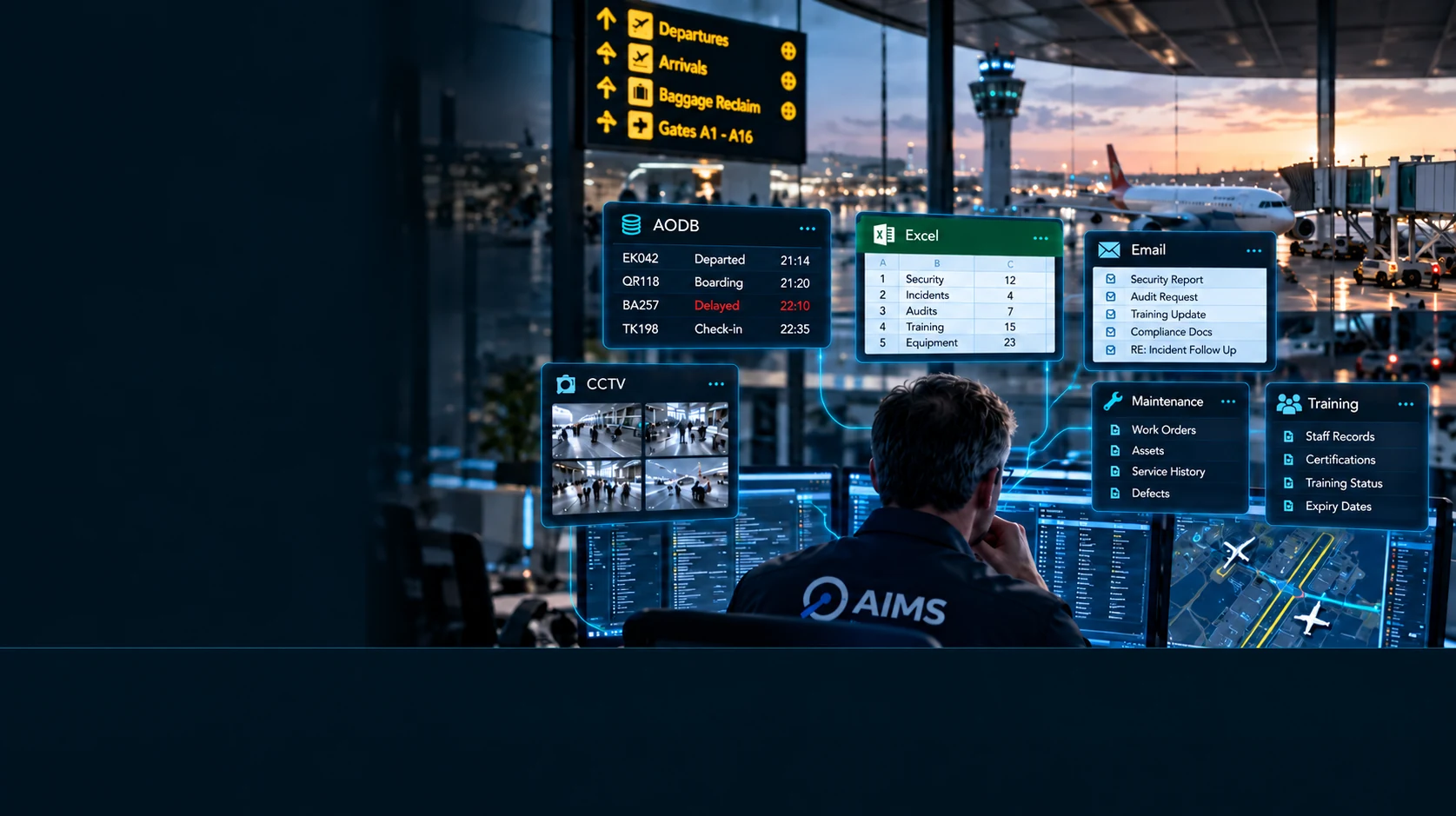 Illustrative airport operations room with separate AODB, spreadsheet, email, CCTV, maintenance and training records